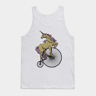 Golden Sparkly Unicorn on Penny Farthing Velocipede Tank Top